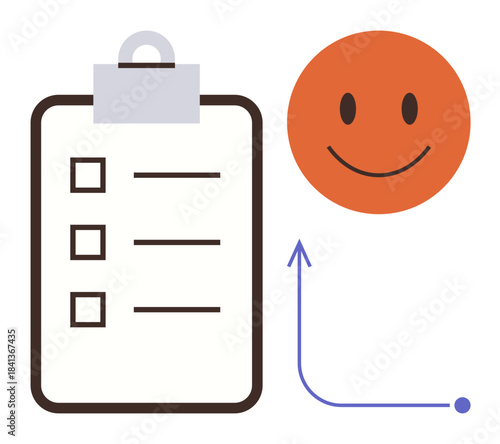 Clipboard with three checkboxes, orange happy face, and upward arrow symbolizing success, positive feedback, and achievement. Ideal for productivity, goals, motivation, satisfaction evaluation