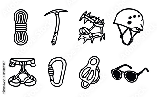 Essential climbing gear: rope, ice axe, crampons, helmet, harness, carabiner, belay, sunglasses