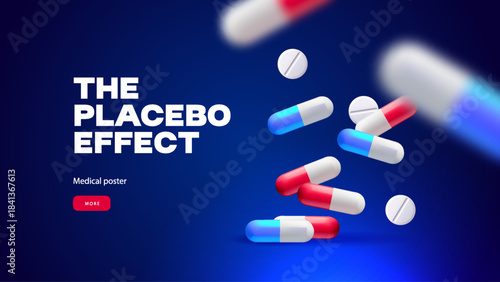 Background with realistic 3d capsules and pills. Placebo effect. Medical, pharmacy, healthcare, hospital, clinic, telemedicine, insurance, biotechnology concept. Vector illustration.