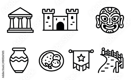 Ancient symbols: temple, castle, mask, vase, food, banner, bridge on dark background