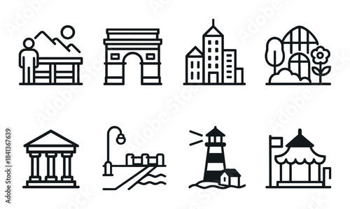 Minimalist black and white icon set featuring landmarks and buildings