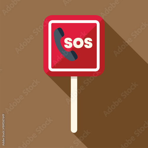 Red square sos emergency phone call sign on a pole with long shadow