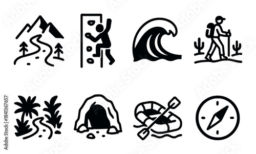 Outdoor adventure icons: rock climbing, surfing, hiking, kayaking, and nature exploration