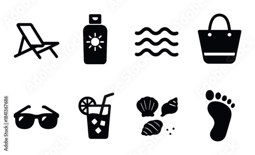 Beach essentials icons: sunglasses, sun lotion, seashells, wave patterns, beach bag, footprint