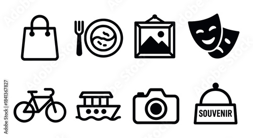 Shopping and tourism icons: theater, dining, cycling, and more