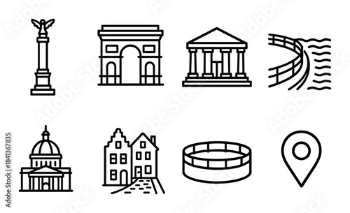 Icon set of landmark monuments on black background