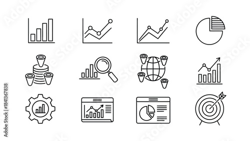 Set of 12 business and finance line icons bar chart, line graph, pie chart, money stack, magnifying glass, global data, target, gear and dashboard