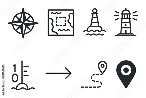 Nautical navigation icons: compass, map, lighthouse, location markers