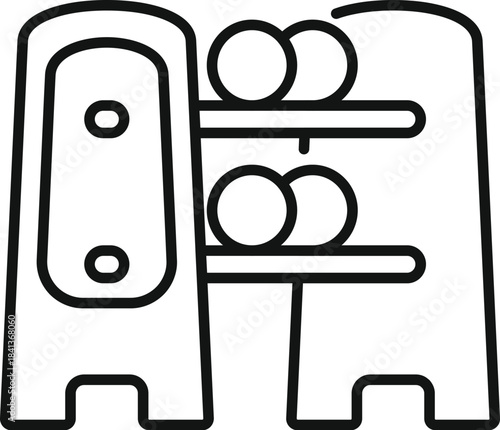 Bowling ball return rack with two shelves holding several balls, line art icon