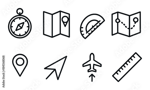 Navigation icons set: compass, map, location pin, protractor, ruler, airplane