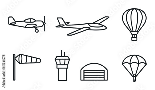 Set of aviation icons: airplane, glider, balloon, windsock, control tower, hangar, parachute