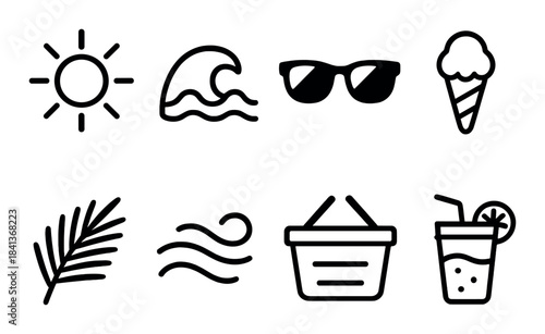 Summer icons including sun, wave, sunglasses, ice cream, palmtree, wind, picnic basket, drink
