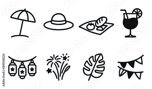 Summer icons: umbrella, hat, picnic, cocktail, lanterns, fireworks, leaf, banners
