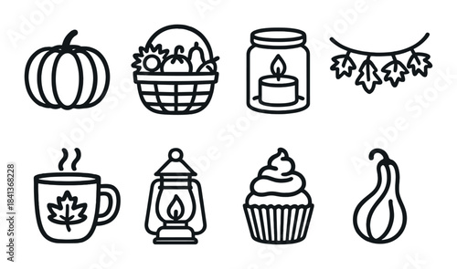 Autumn icons: pumpkin, harvest, candle, leaves, mug, lantern, cupcake, gourd