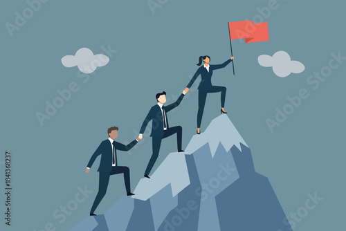 Business Team Climbing Mountain to Success: Corporate Teamwork and Leadership Concept with Flag