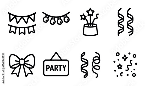 Party celebration icons: banners, lights, stars, streamers, bow, sign, confetti