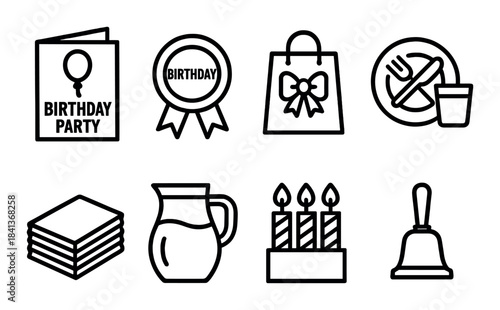 Birthday icons: party, award, gift bag, no food, napkins, pitcher, candles, bell