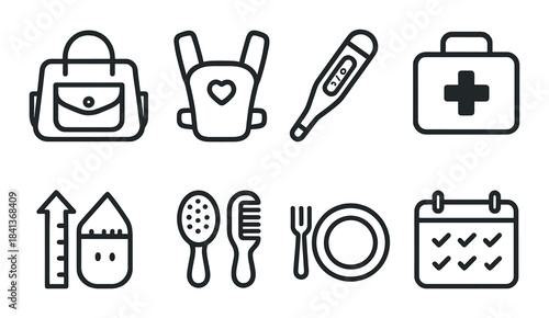 Set of black baby care icons on grey striped background