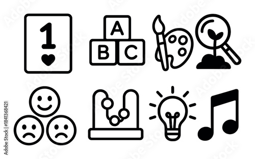 Minimalist icons of educational and recreational activities for children
