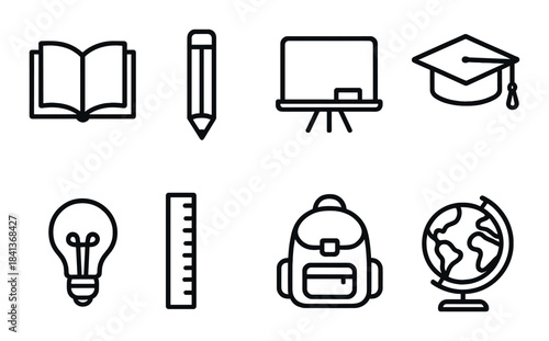 Set of eight educational icons: book, pencil, laptop, graduation cap, lightbulb, ruler, backpack, globe