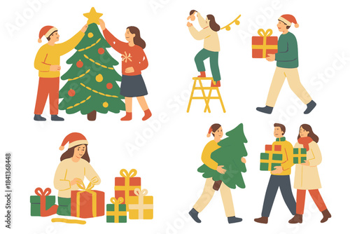 Festive holiday scenes of people decorating a Christmas tree and exchanging wrapped gifts