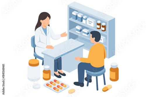 Professional pharmacist consulting with a male patient about prescribed medication and health advice