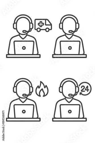 Emergency and customer service operators working at help desk stations with laptops and headsets