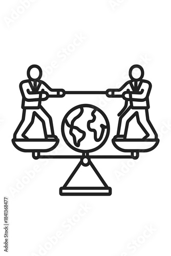 Business people engaged in a tug of war over the planet Earth on a balance scale