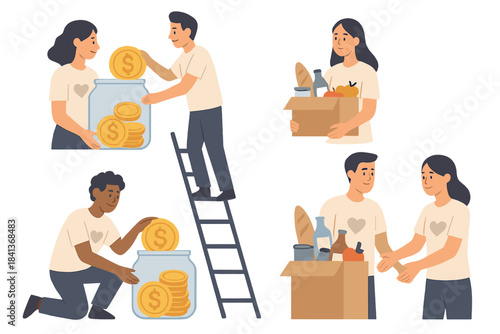 Volunteers donating money and food supplies for charity and social assistance programs