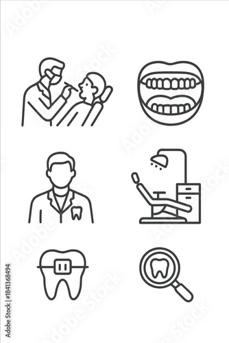 Outline symbols for dental care, dentistry, dentist, patient, equipment, braces, and teeth examination