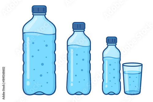 Assortment of plastic drinking water bottles in different sizes next to a glass of fresh liquid