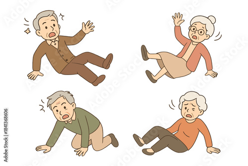 Elderly people experiencing sudden falls and painful accidents due to slipping or stumbling