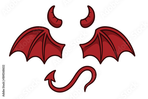 Red devil costume accessories set with horns, bat wings, and curved tail