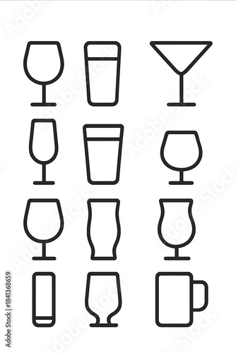 Collection of various drinkware items including wine, beer, and cocktail glasses