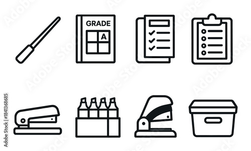 Collection of office and stationery icons on dark background