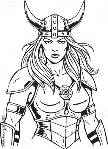 Black and White Illustration of a Female Warrior in Armor with Horned Helmet