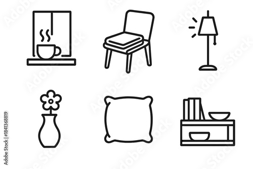 Minimalist Room Icons. Line style icons of Restful Rooms: cup by window, folded blanket on chair, corner lamp glow, simple flower