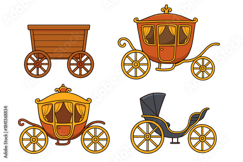Collection of vintage horse-drawn vehicles including royal coaches and a wooden wagon
