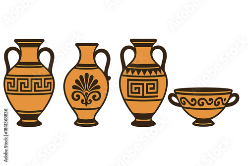 Collection of ancient Greek pottery vessels with traditional geometric and floral patterns