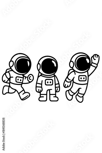 Set of three cute cartoon spacemen characters running, standing, and floating in space