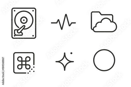 Sleep Mode Icons. Line style icons of Sleep Mode Data: resting hard drive outline, faint pulse in code, dreamlike folder cloud,