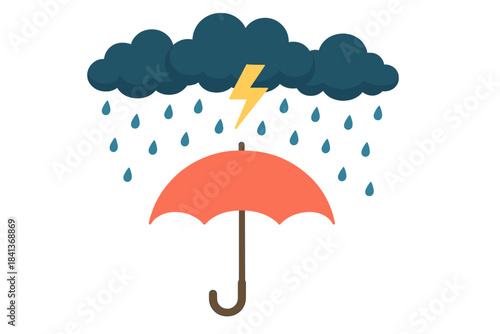 Bright orange umbrella providing protection during heavy rain and lightning storm