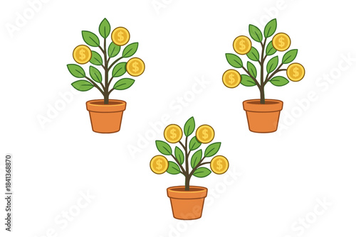 Three potted money trees growing golden dollar coins symbolizing financial investment and profit