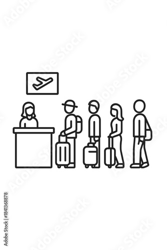 Travelers waiting in line at the airport check-in counter with luggage and boarding agent