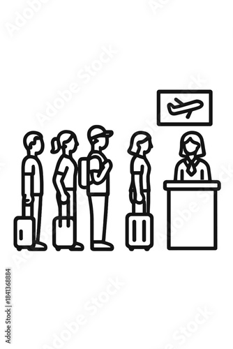 Airport passengers queuing for check-in with luggage and staff member