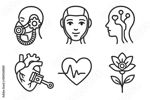 Human Mechanica Icons. Line style icons of Human Mechanica: breathing gear system, soft-eyed robot face, emotional circuit flow,