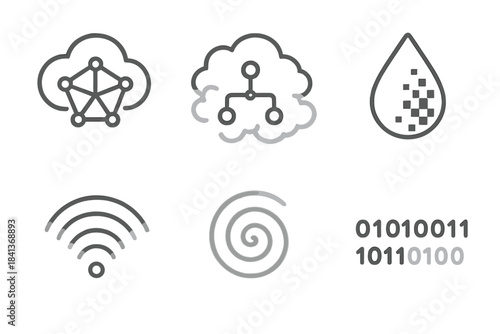 Clouded Code Icons. Line style icons of Clouded Code: soft network mesh, mist around data node, pixel raindrop, vanishing signal