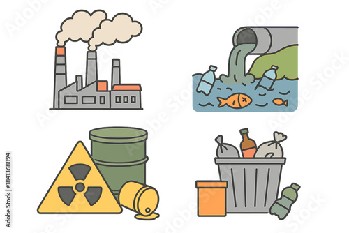 Set of environmental pollution concepts showing industrial smoke, contaminated water, toxic waste, and trash