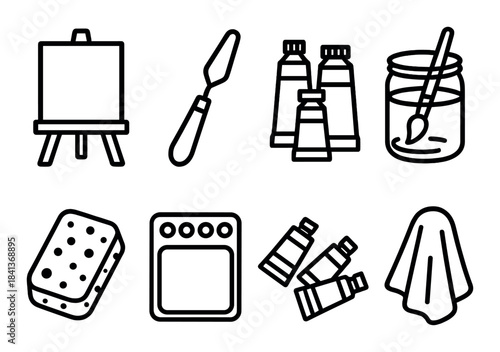 Art supplies icons: easel, palette knife, paint tubes, brush, canvas, sponge