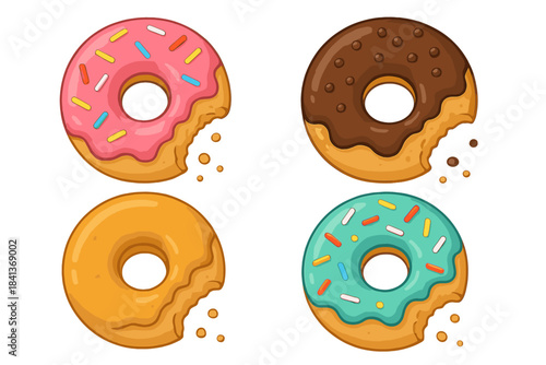Set of four sweet bitten donuts featuring pink, chocolate, plain, and teal frosting